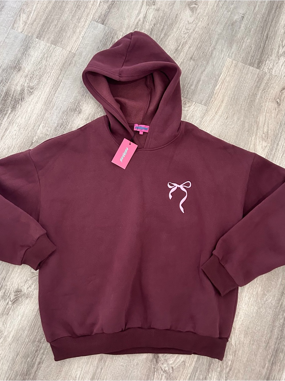 Edikted Sasha Bow Detail Hoodie Sweatshirt Womens L burgundy Pink New